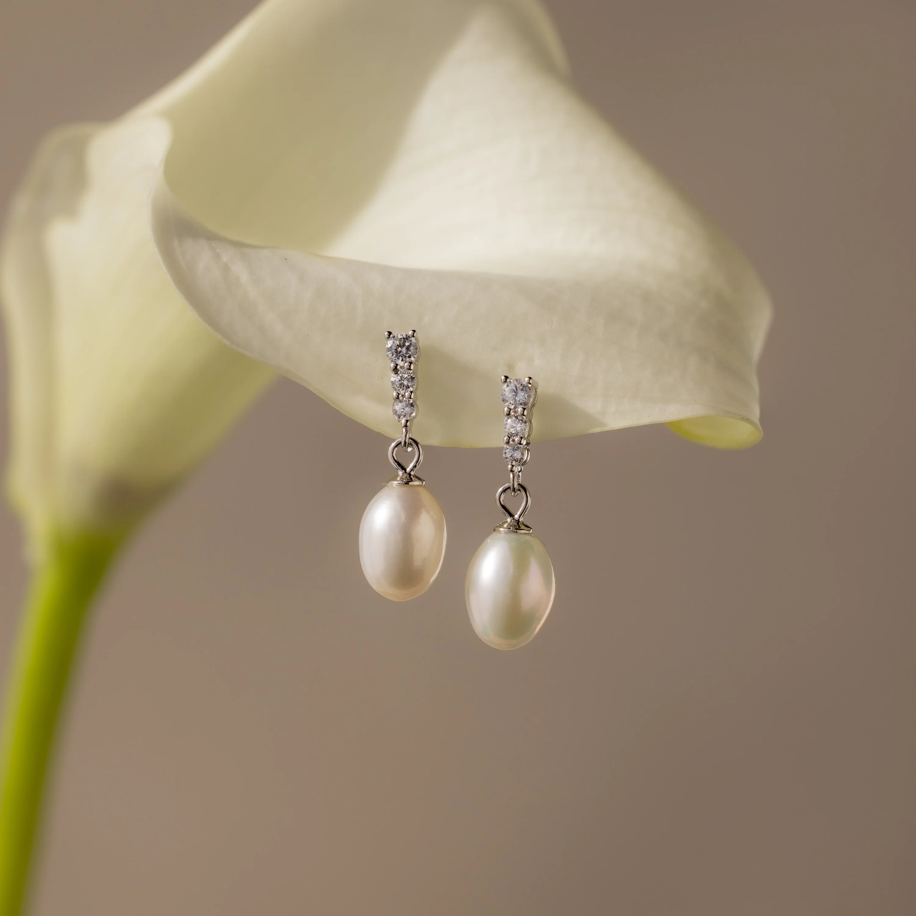 Diamond Pearl Droplet Earrings in Silver