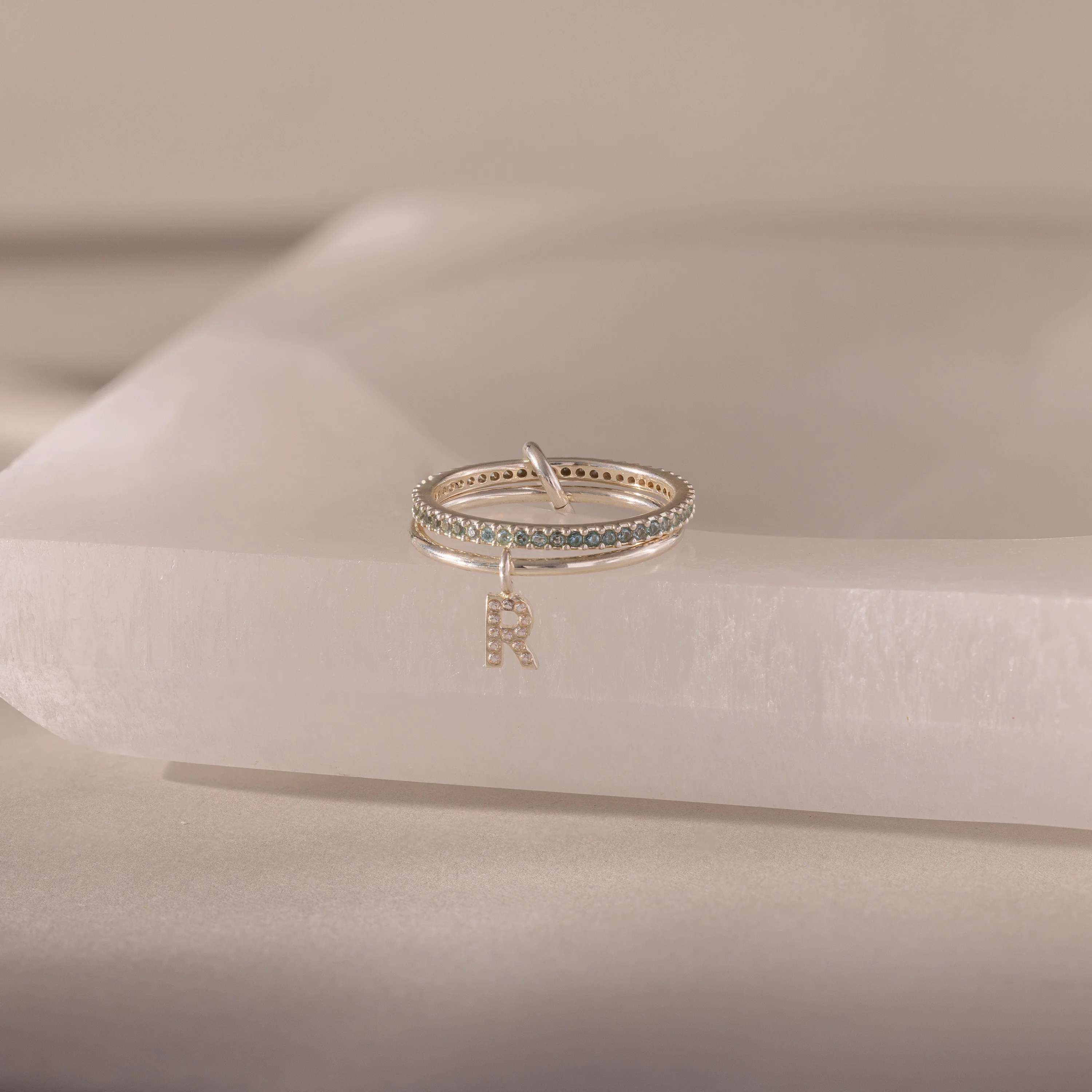 Linked Initial Aquamarine Ring Set - Image 3