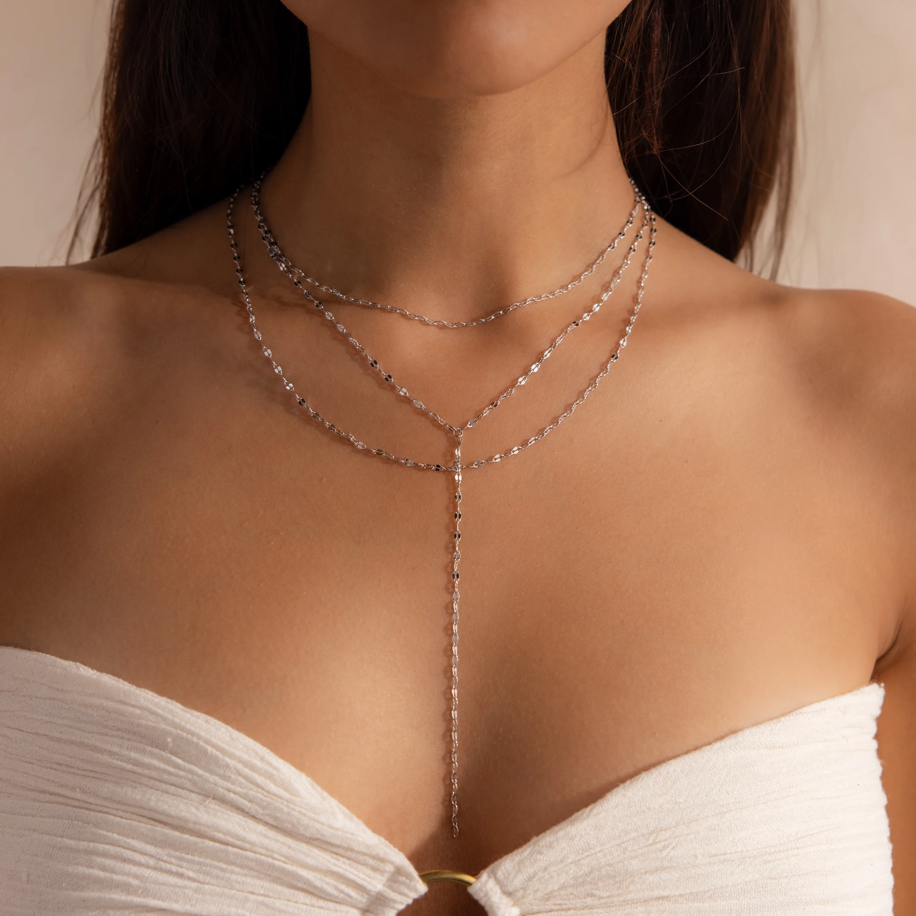 Sparkling Layered Lariat Necklace in Silver
