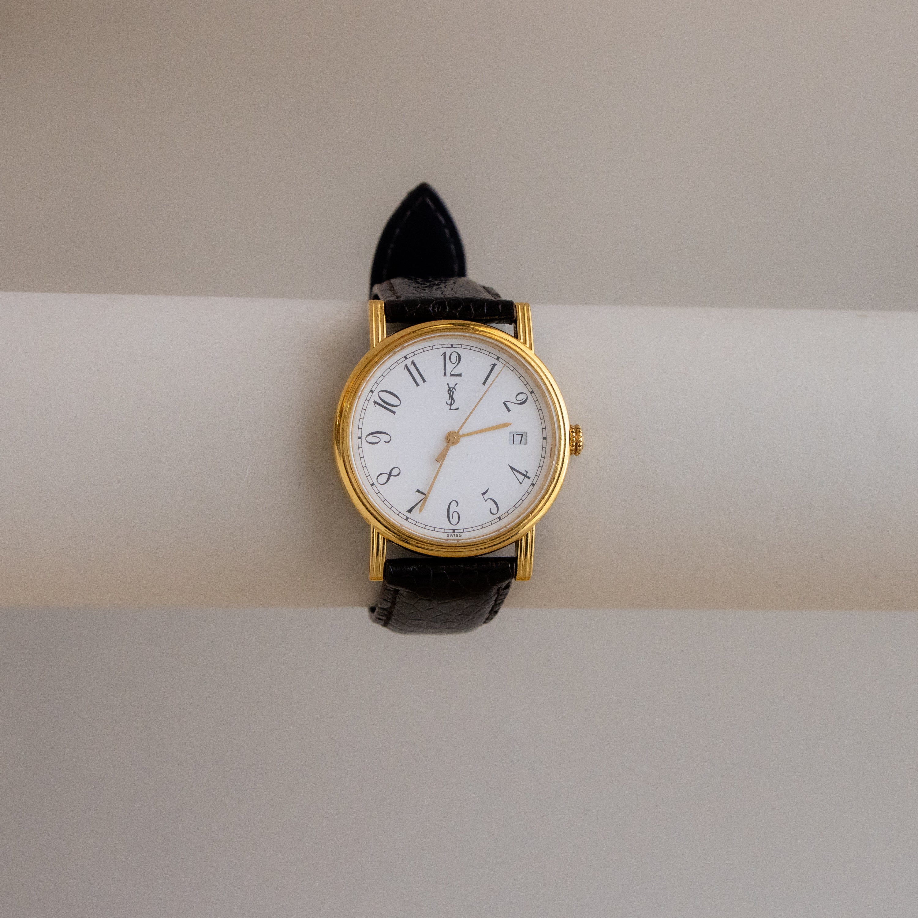 Vintage YSL Swiss Brown Leather Gold Watch - Image 2